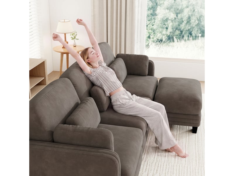  Canapé d’angle modulable 330 cm 4 places avec pouf, coussins d’accoudoir amovibles, coussins lombaires épais à soutien renforcé, chenille, brun café  - Conforama C