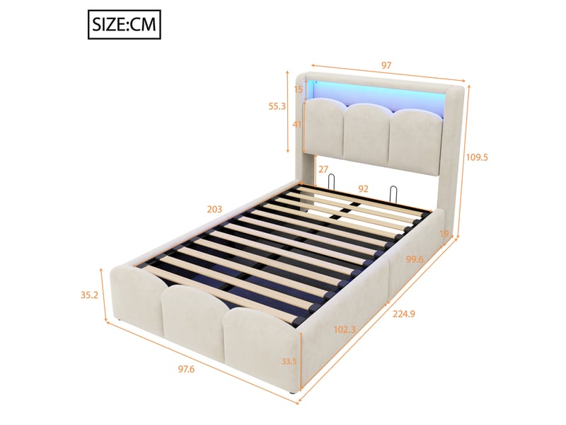  Lit enfant avec rangement 90 x 200 cm beige, en velours, ports usb type c et led à couleurs variables  - Conforama C
