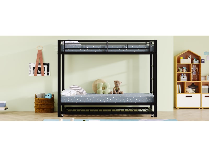  Lit superposé 90x200 cm noir métal avec lit gigogne et garde-corps haut certifié en747 structure renforcée pour enfant Sol Morn - Conforama D