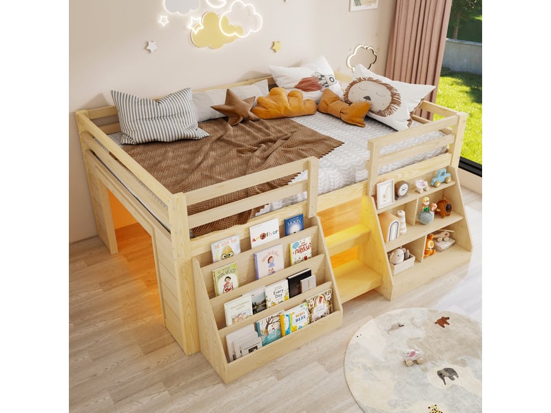  Lit enfant 140 x 200 cm – avec étagères de rangement – ​​avec barrières de sécurité – avec échelle – avec éclairage led – naturel (matelas non inclus)  - Conforama E