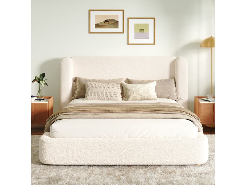  Lit double rembourré 180x200 cm avec sommier à lattes et tête de lit bouclée beige  - Conforama E