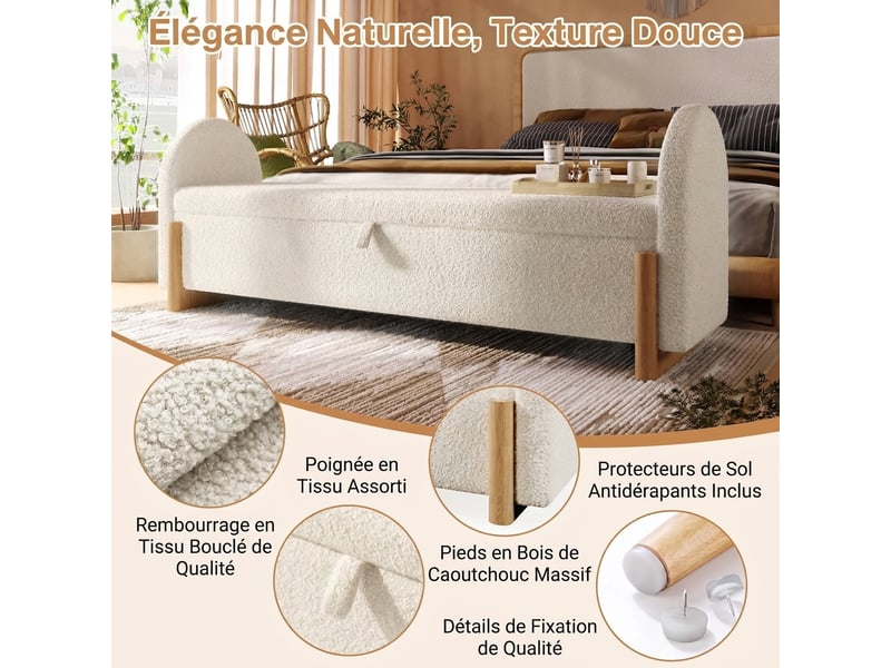  Banc de lit blanc 166 cm avec rangement, tissu bouclette et pieds en bois  - Conforama E