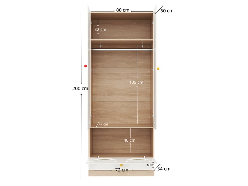  Armoire enfant 80x50x200 cm - 2 portes, penderie, étagères, tiroirs, design ours, blanc et bois  - Conforama C