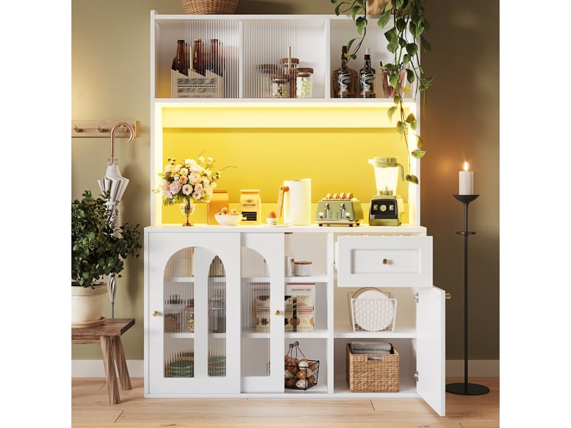  Buffet de cuisine blanc 120cm, vaisselier avec éclairage led et portes en verre (sans matelas).  - Conforama E