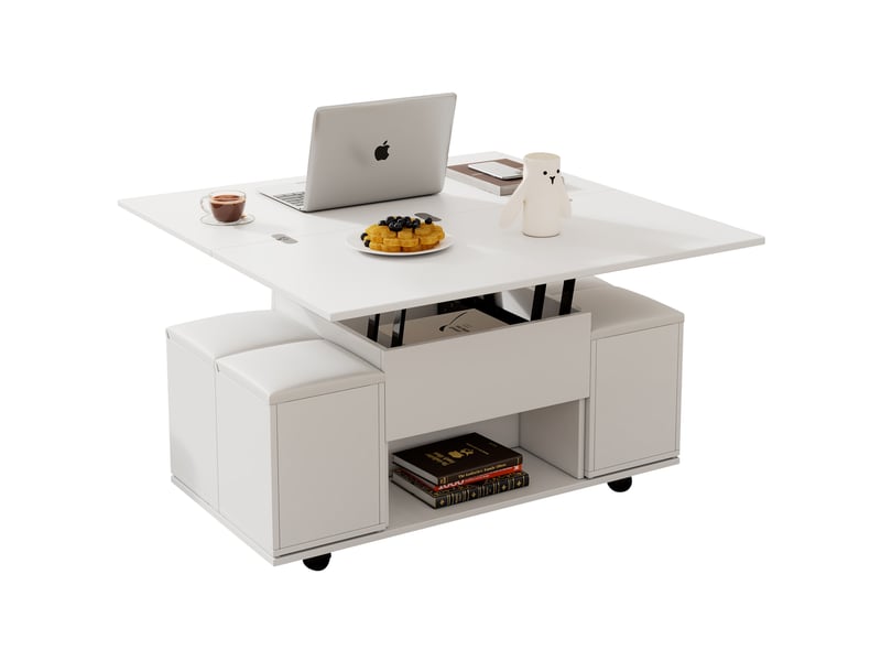  Table basse 100x50x48cm, table de salon avec rangement, design 2 en 1, relevable ,pliant, chaises, aggloméré, blanc  - Conforama A