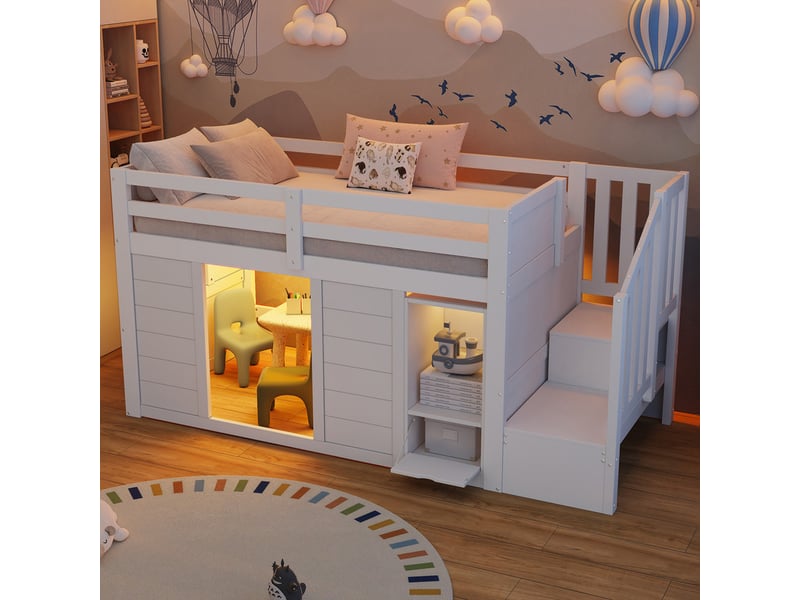  Lit mezzanine pour enfant, 90x200cm, avec rangements, escalier avec rangements intégrés et éclairage led, blanc  - Conforama D