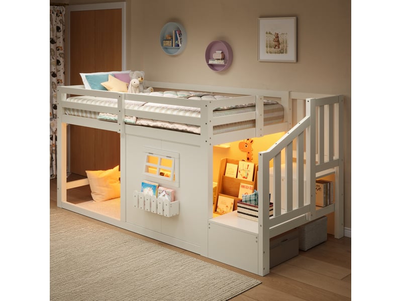 Lit mezzanine enfant 90x200 avec escalier de rangement et led evryae - Conforama D