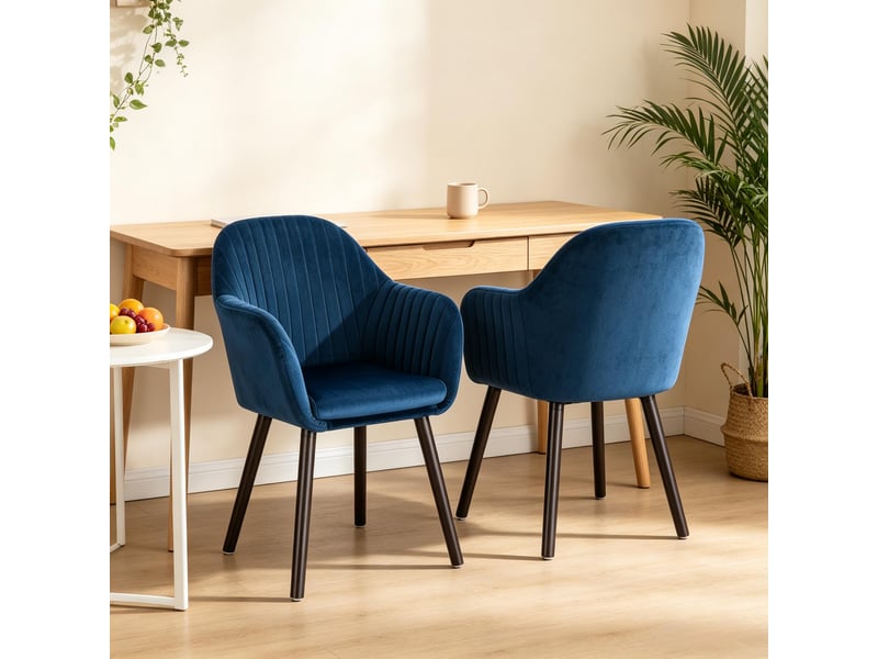  Chaise de salle à manger lot de 2 avec accoudoirs  - dossier courbé, pieds en bois massif, velours bleu et noir  - Conforama C