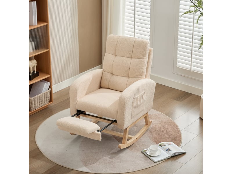  Fauteuil à bascule relax en tissu bouclé avec repose-pieds, fauteuil de salon à dossier haut, structure en bois massif et poche latérale - beige  - Conforama C