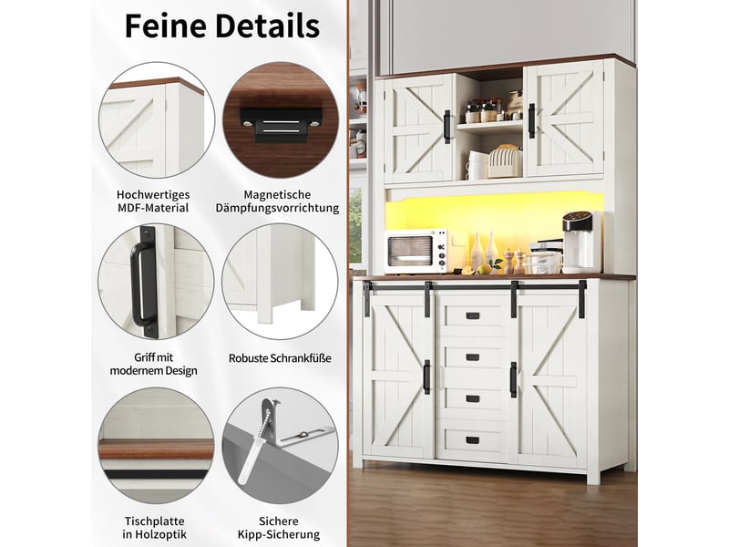 Buffet haut 115x40x174,7 cm, grand meuble de rangement cuisine avec capacité de stockage maximale, étagères intérieures ajustables - Conforama D