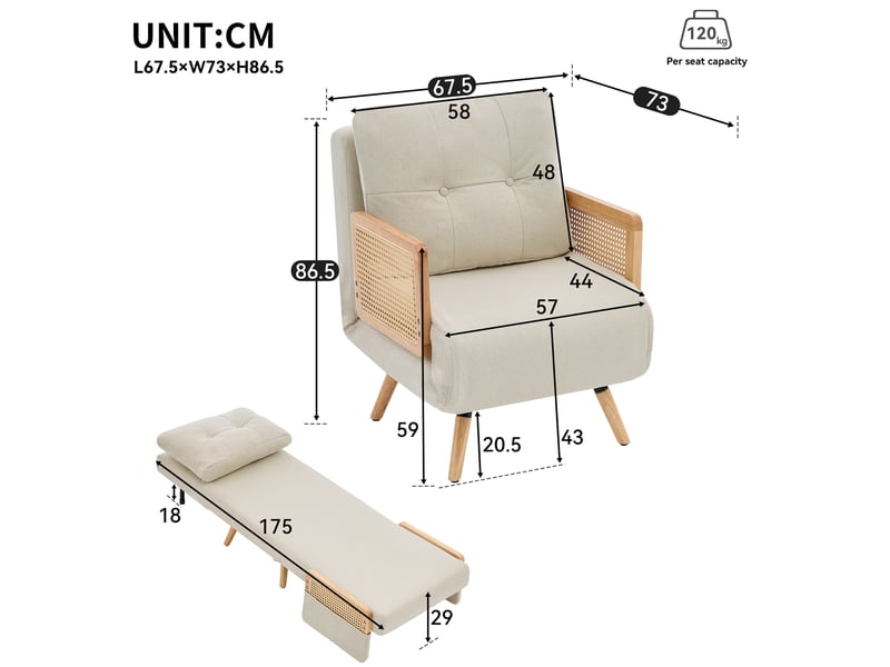 Fauteuil convertible 1 place avec dossier réglable en tissu aspect lin beige - Conforama E