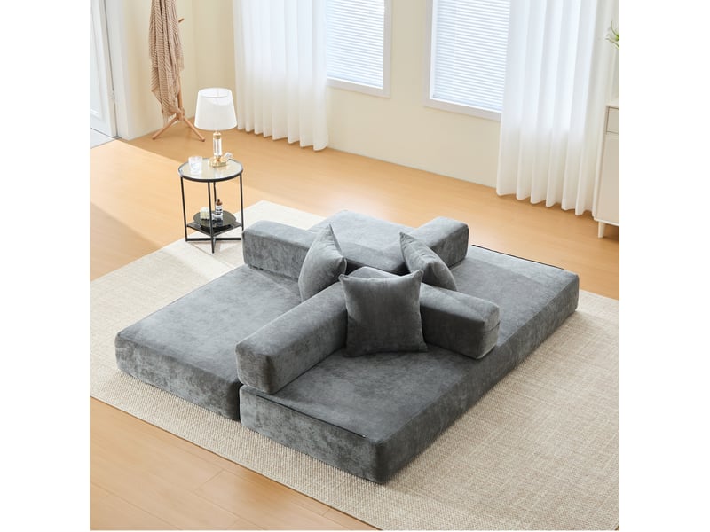 Canapé droit modulable 2 places en tissu gris foncé, avec poches latérales et dessous antidérapant pour le salon  - Conforama E