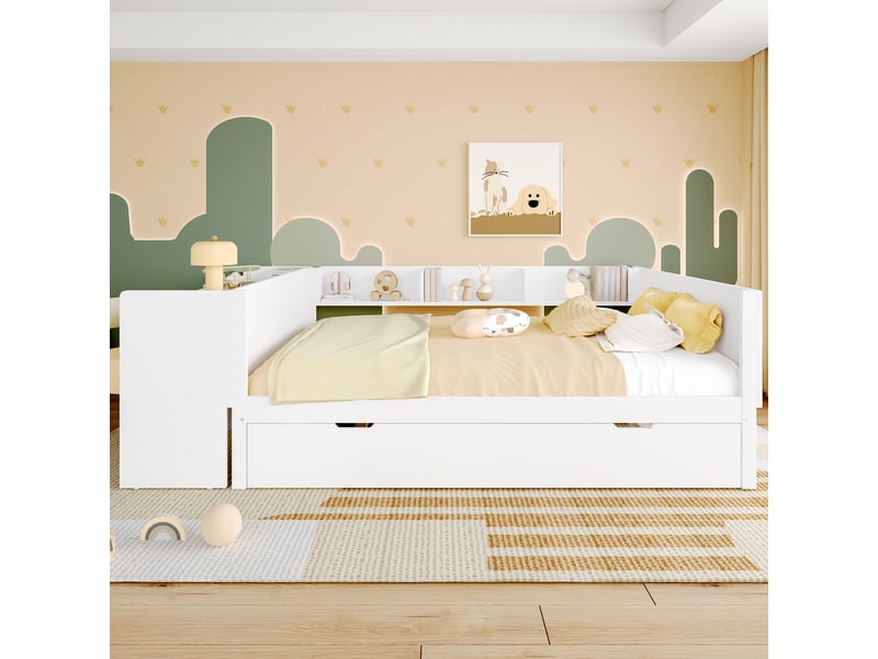  Lit double 140x200 en bois avec bureau intégré et lit gigogne 90x190 - blanc  - Conforama B