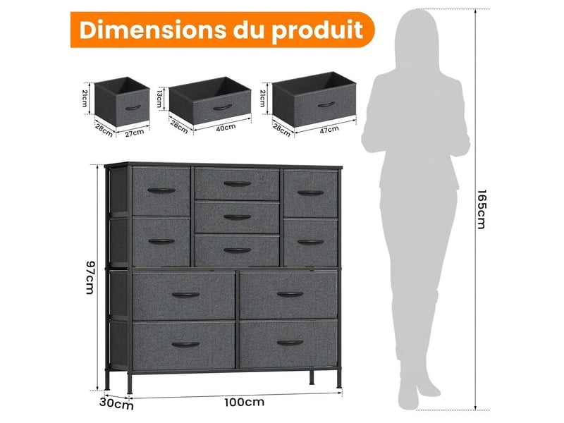  Chiffonnier meuble 100x30x97 cm onze tiroirs tissu gris fonce et metal noir chambre  - Conforama D