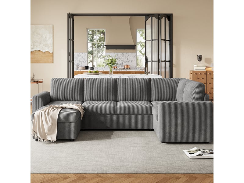  Canapé d’angle modulable 6 places gris en velours côtelé, canapé en l avec pouf amovible, mousse haute densité, grand format pour salon  - Conforama D