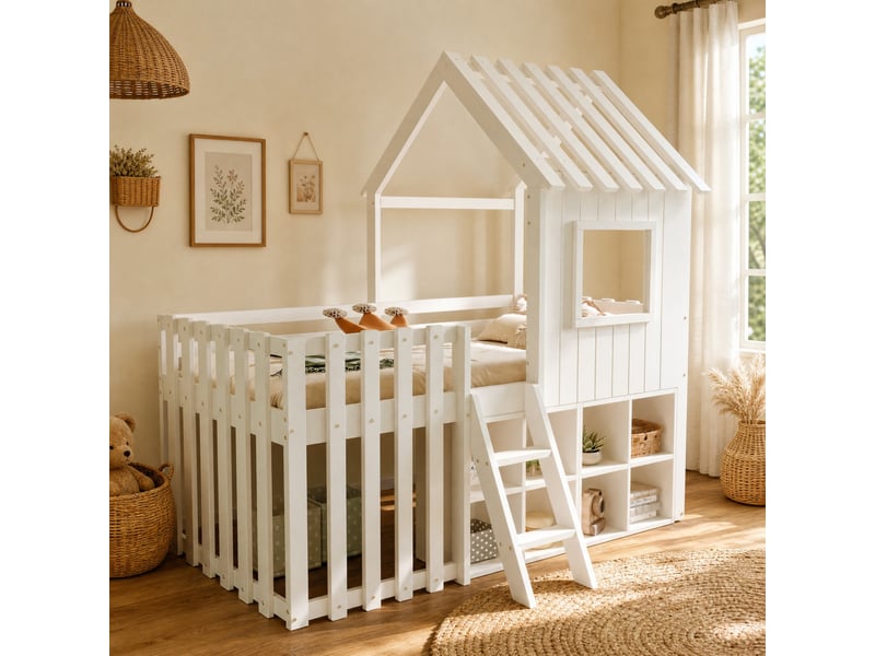  Lit cabane enfant mezzanine 90x200 cm avec toit, fenêtres et rangement blanc  - Conforama B