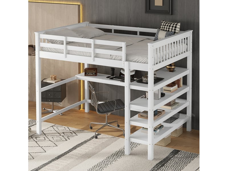  Lit mezzanine enfant 140 x 200 cm avec bureau et étagères blanc  - Conforama C