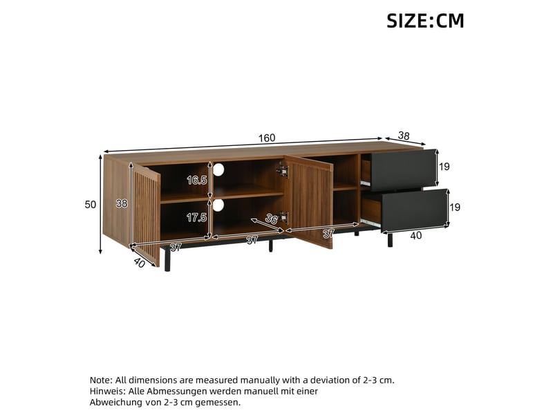  Meuble tv 160x38x50 cm – noir et couleur bois – 2 tiroirs, rangements ouverts et portes à lamelles  - Conforama C