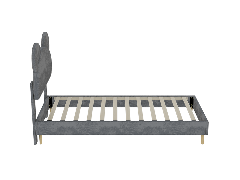  Lit enfant 90x200 cm gris en tissu et métal avec tête de lit motif cartoon  - Conforama R