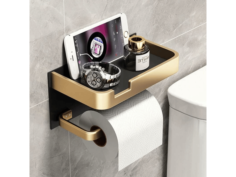 Porte-papier toilette mural avec support pour téléphone portable, porte-papier toilette moderne en viscose, or et noir - Conforama B