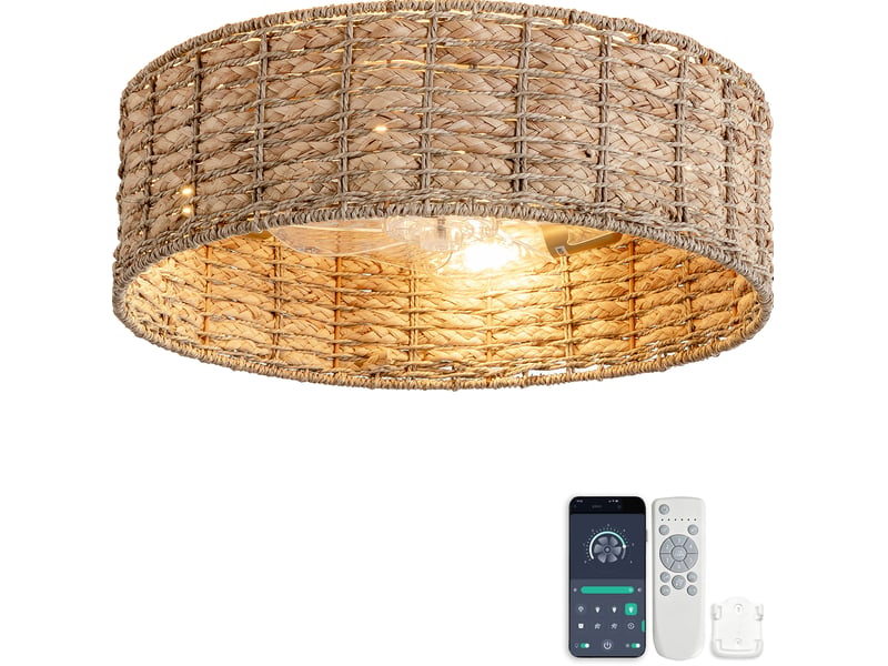 Plafonnier ventilateur 19 pouces en paille naturelle et cuivre, bluetooth, télécommande et 6 vitesses réversibles - Conforama A