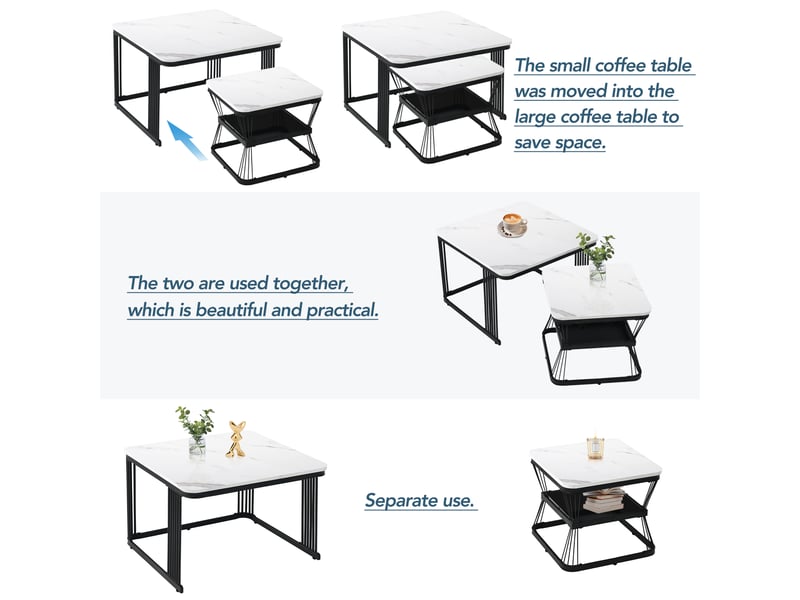  Tables basses 2 pièces en mdf effet marbre pour salon 65×65×45 et 45×45×39,5 cm blanc et noir  - Conforama C