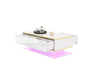 Table basse moderne 100x50x40 cm avec led, 3 tiroirs, finition brillante, pratique, panneau de particules, blanc et or