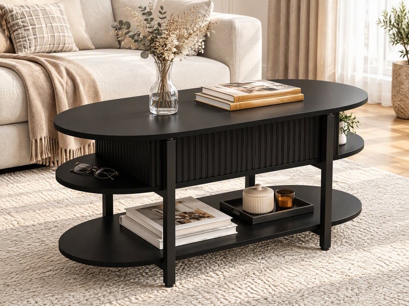 Table basse ovale relevable salon - rangement caché - 2 étagères ouvertes, table basse style crème minimaliste - panneaux cannelés verticaux, table basse multifonction à plateau réglable en hauteur pour salon - nior - Conforama B