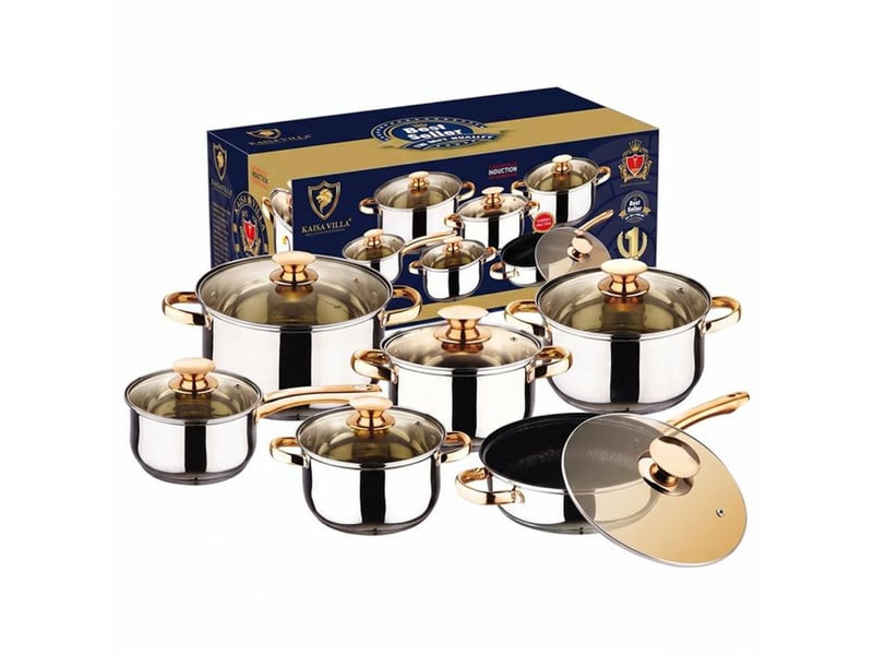  Set de 6 casseroles inox 201 avec couvercles verre teinté finition dorée base 5 couches compatible induction 414350_AABYE66833_6_DROPFR - Conforama A