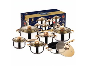 Set de 6 casseroles inox 201 avec couvercles verre teinté finition dorée base 5 couches compatible induction