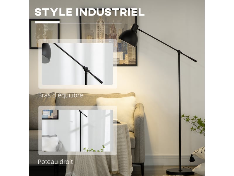  Lampadaire sur pied salon 40 w hauteur réglable, abat-jour et bras orientable, interrupteur à pied, noir, culot e27  - Conforama E