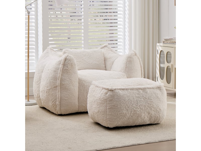 Canapé compact salon, canapé décoration, 123x157x73 cm, 2 personnes, faux fur polyester, poufs multifonctions inclus, livré en un seul colis, sans assemblage, adapté aux appartements et petits espaces, beige CozyNest - Conforama B