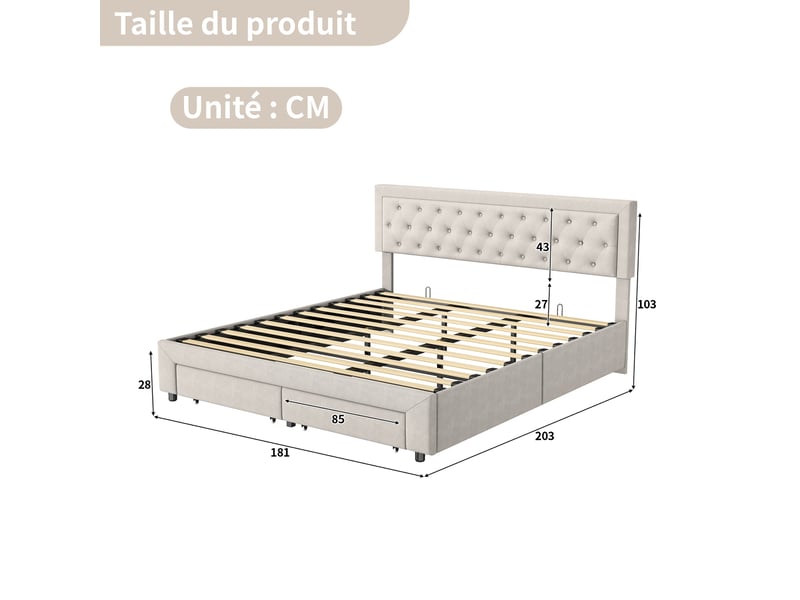  Lit double coffre 180x200, rangement hydraulique sous le lit, 2 tiroirs au pied, sommier à lattes, tissu velours, beige  - Conforama C