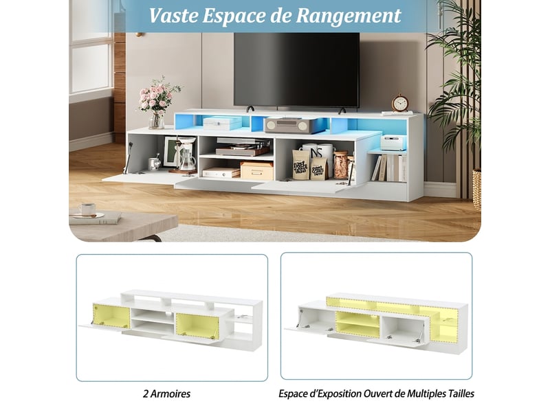  Meuble tv 190 cm blanc brillant avec led pour tv jusqu'à 70 pouces, 2 portes abattantes et rangement ouvert  - Conforama W