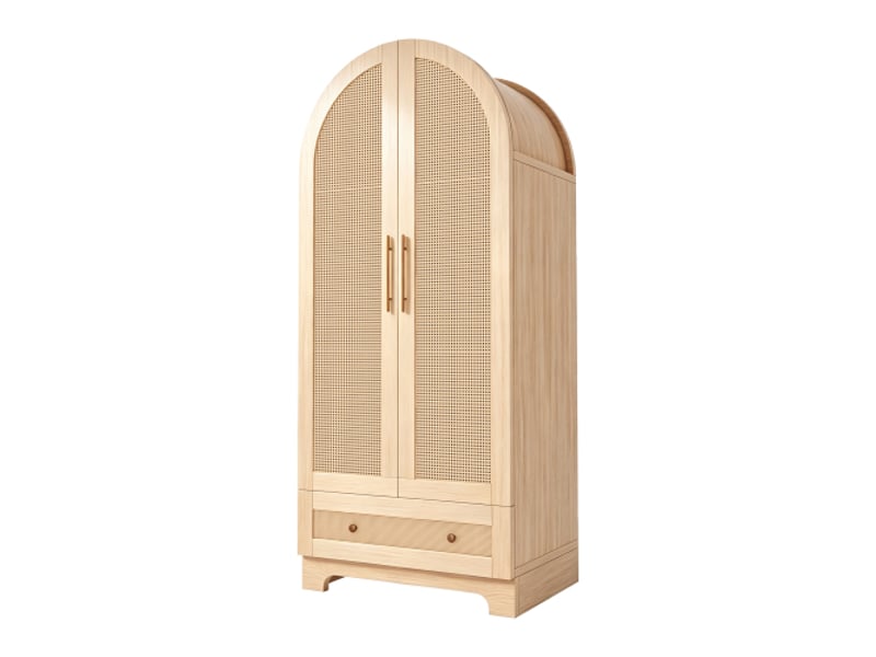  Armoire 2 portes 70×55×170 cm – tiroirs et étagères – portes en rotin synthétique, finition bois  - Conforama A