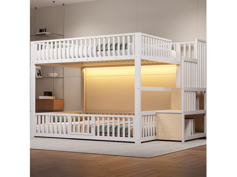  Lit superposé enfant 140x200 cm blanc avec escalier de rangement et led  - Conforama E