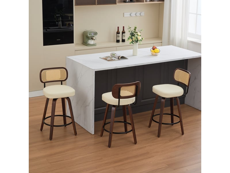  Tabourets de comptoir de3866bg beige noyer 26 lot de 3 avec dossier cannage pivotant rembourré  - Conforama B