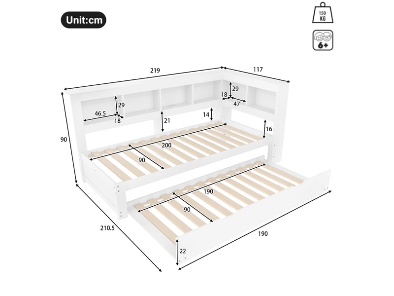  Lit gigogne 90x200 cm avec prise et 2 ports usb, blanc  - Conforama E