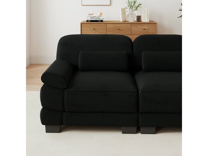 Canapé modulable 4 places en velours côtelé noir, configuration flexible en l ou en u, coussins lombaires et assises confortables - Conforama D
