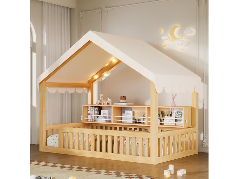  Lit cabane 90x200 cm avec ciel de lit, led et bibliothèque, mdf et bois, naturel sans matelas  - Conforama C