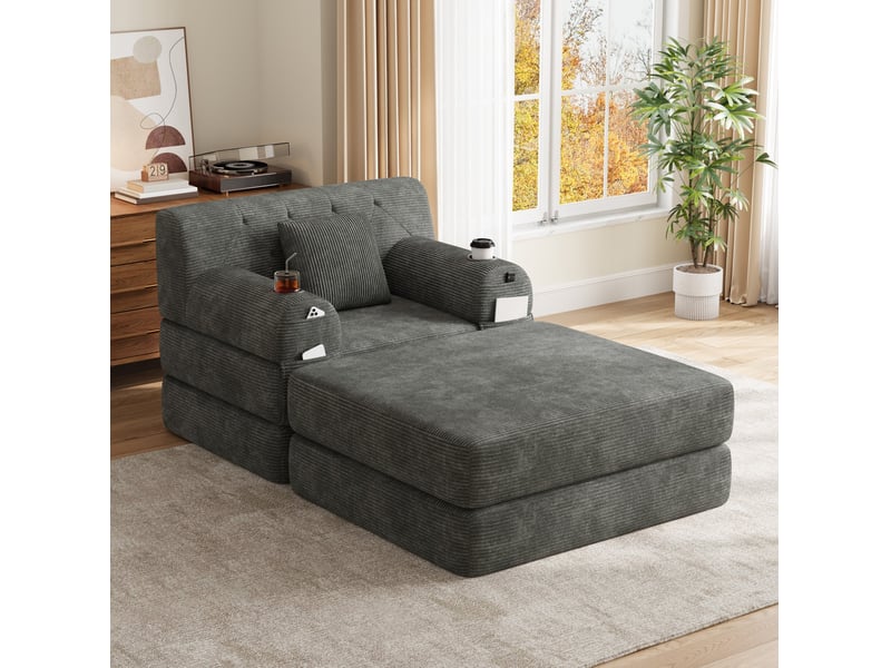  Fauteuil convertible tcqpz 1 place avec repose-pieds velours côtelé gris foncé 107 x 162 x 81 cm dossier haut 2 porte-gobelets 4 poches latérales  - Conforama D