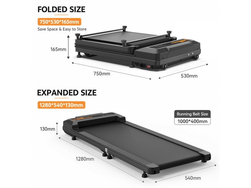  Tapis de course pliable sous bureau 128x54 cm – noir – pliage à 180°, télécommande et 12 programmes  - Conforama C