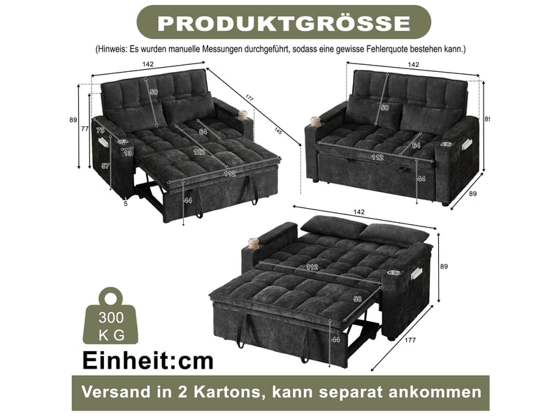  Canapé-lit 3-en-1 142x89x89 cm en chenille avec couchage, rangement et porte-gobelets noir chicfurn  - Conforama D