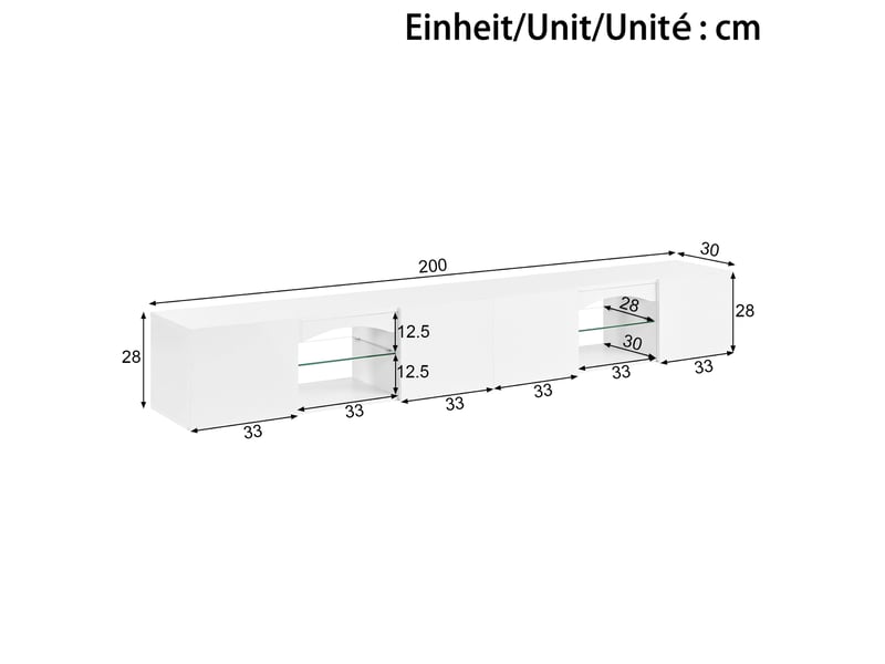  Meuble tv bas 200x30x28 cm avec led et 4 portes blanc  - Conforama C