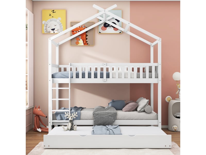  Lit cabane enfant 90x200 en bois massif avec lit gigogne 3 places - blanc  - Conforama B