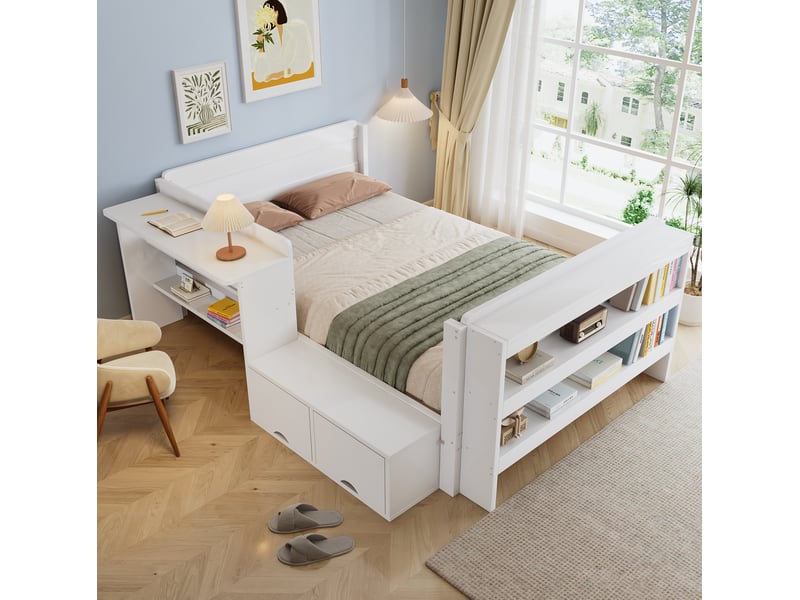  Lit simple enfant 120x200 cm blanc – bureau intégré et rangement modulable – lit fonctionnel pratique  - Conforama D