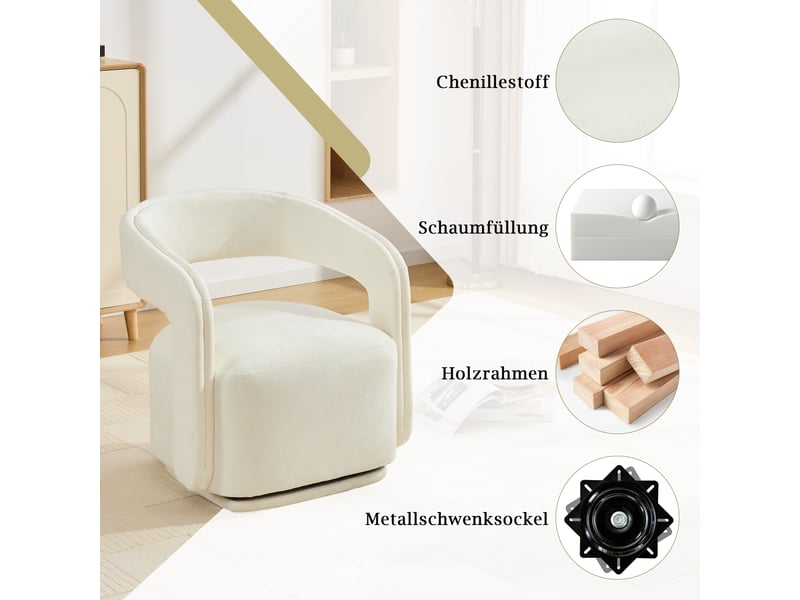  Fauteuil pivotant lounge à 360 degrés avec dossier ergonomique et assise rembourrée en chenille blanc, 70 × 65,5 × 74 cm  - Conforama E