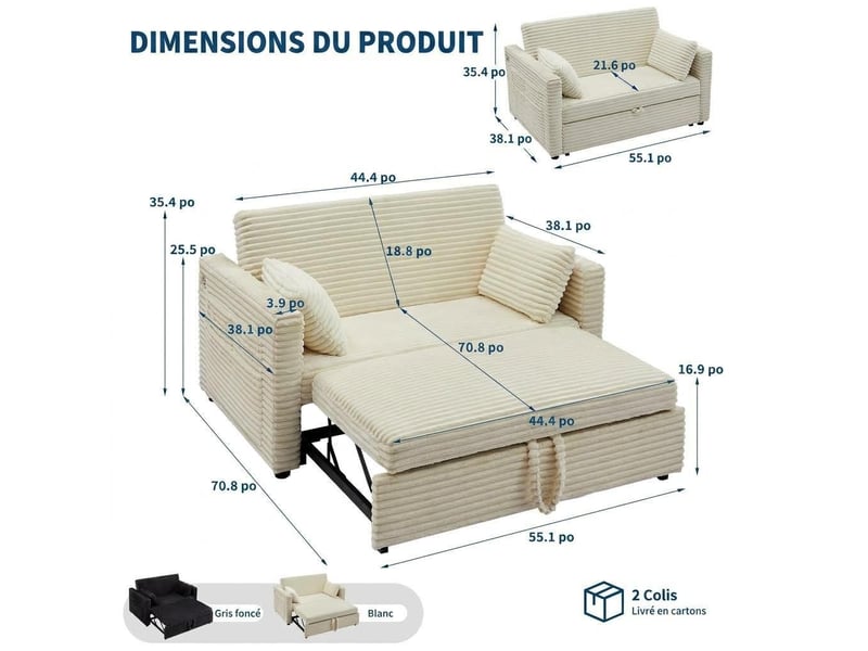 Canapé-lit convertible à tirer avec dossier réglable – ivoire PHK_35XRC70R - Conforama B