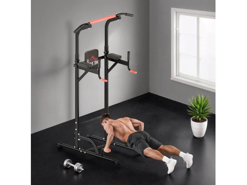 Tour de musculation réglable rouge et noire avec barre de traction et station dips, pour s'entraîner chez vous - Conforama B