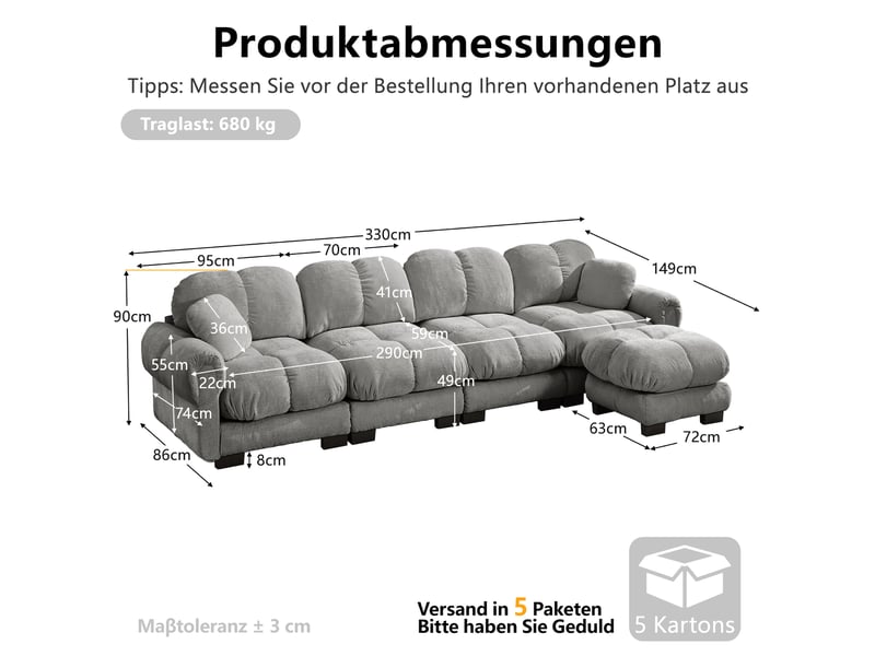  Canapé d'angle modulable 4 places avec ottomane mobile - lpospi - dossier courbé, chenille gris clair 330 × 149 × 90 cm  - Conforama D